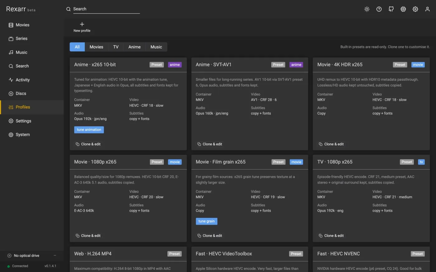 Encoding profiles