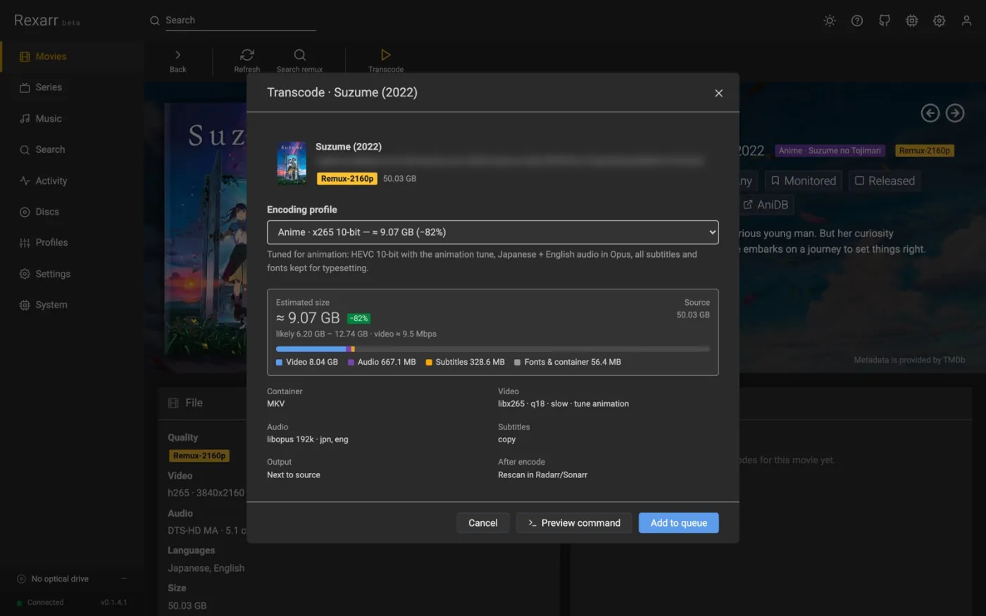 Transcode dialog